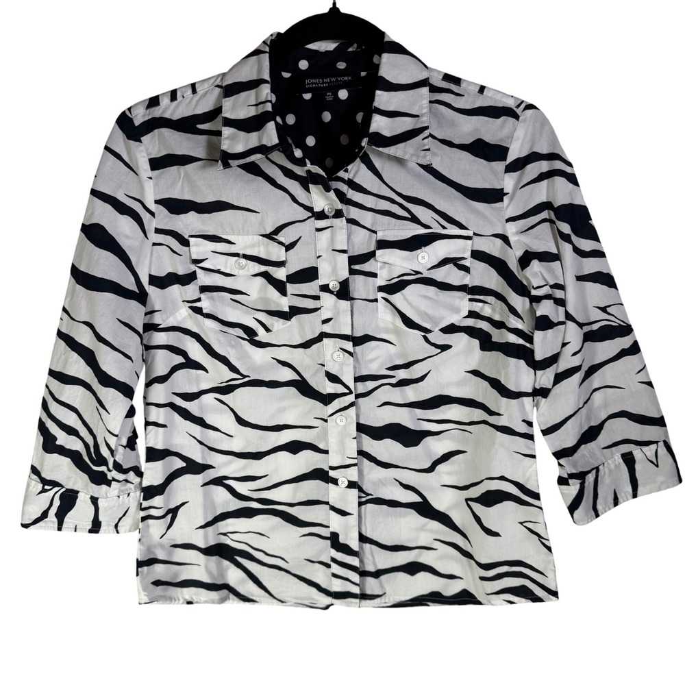 Jones New York Signature Petite Zebra Print 100% Cotton 3/4 Sleeve Shirt PS